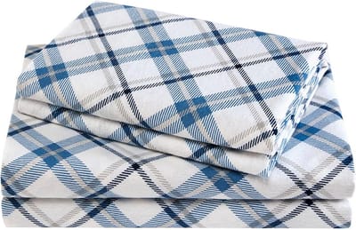 Warm Flanellen Hoeslakenset Met Kussensloop - Ademend Katoen - Tweepersoons - Plaid Blauw - 3 Delig