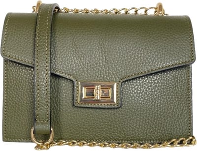 Legergroene Leren Schoudertas Classy - Stevige Leren Crossbody Tas - Leer - Gouden Ketting hengsel & Draaislot - Legergroen