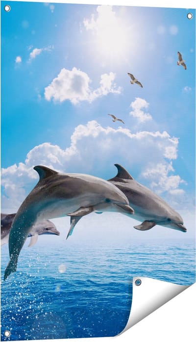 Gards Tuinposter Dolfijnen Springen uit de Blauwe Zee - 60x90 cm - Tuindoek - Tuindecoratie - Wanddecoratie buiten - Tuinschilderij