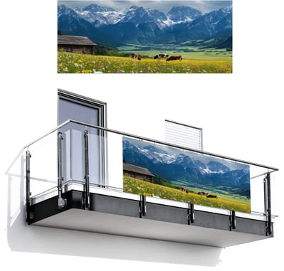 Balkonscherm 300x120 cm - Balkonposter Alpen - Weide - Bergen - Koeien - Balkon scherm decoratie - Balkonschermen - Balkondoek zonnescherm