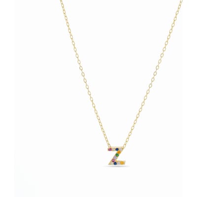 Luxenter alfabetketting in 925 sterling zilver en veelkleurige zirkonia met 18 karaat geelgouden afwerking