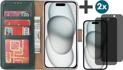 Hoesje met Privacy Screenprotectors 2 Stuks Geschikt voor iPhone 15 – Arara bookcase met pasjeshouder - Groen