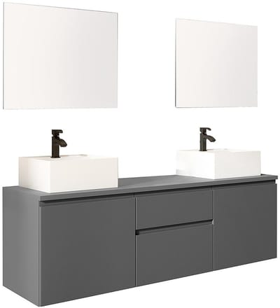 Vente-unique Hangend badkamermeubel met dubbele wastafel en spiegels - Grijs - 150 cm - JIMENA II