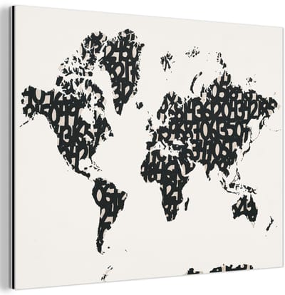 Aluminium schilderij 120x90 cm - Wanddecoratie metaal - Wereldkaart - Cijfer - Zwart - Metalen muurdecoratie woonkamer - Decoratie industrieel - Foto op dibond - Industriële accessoires slaapkamer