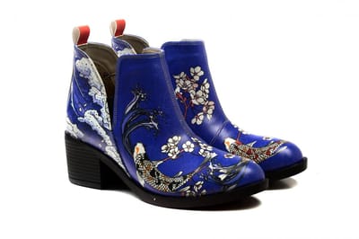 Goby - Japanse Bloemen Dames Enkellaarzen - Vegan Leer - Koi en Bloesem Design - Handgemaakt - Maat 38