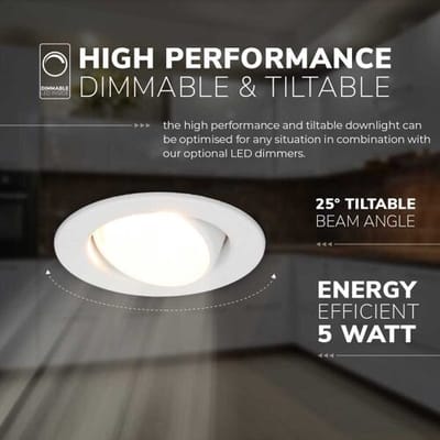 HOFTRONIC Malta - Kantelbare inbouwspot - LED - Rond zaagmaat 60-67mm - Wit - Dimbaar - 5 Watt - 480 lumen - 230V - 2700K Extra warm wit - Plafondspots - Inbouwspot voor badkamer en buiten - 5 jaar garantie