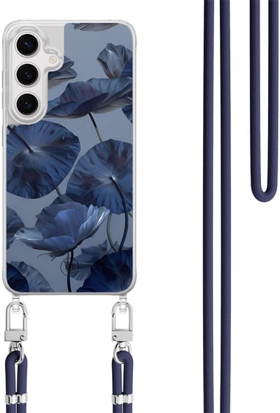Hoesje met koord geschikt voor Samsung Galaxy S24 - Dusky blooms - Inclusief Donkerblauw koord - Crossbody beschermhoes - Transparant, Paars - Mooie Telefoonhoesjes