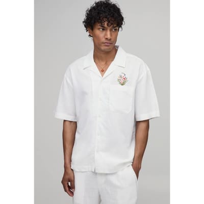 Oversized Linnen Blend Shirt Met Bloemenprint En Borstzak | White | Size XS