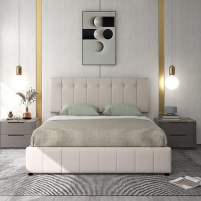 VVBV Gestoffeerd Bed 140x200 cm met Lattenbodem, Verstelbaar Hoofdbord - Voor Kinderen/Tieners - Metaal/Fluweel Wit/Beige