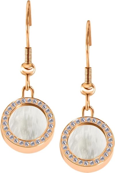 Quiges RVS Schroefsysteem Oorhangers Oorbellen Rosékleurig met Zirkonia en Verwisselbare Beige Schelp Mini Munt Set - ECOS112