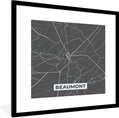 Fotolijst incl. Poster - Plattegrond – Beaumont – Blauw – Stadskaart - Kaart - 40x40 cm - Posterlijst