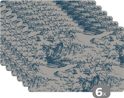 Placemat - Placemats kunststof - Water - Japan - Patroon - 45x30 cm - 6 stuks - Hittebestendig - Anti-Slip - Onderlegger - Afneembaar
