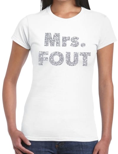 Mrs. Fout zilver glitter tekst - t-shirt - wit - voor dames - foute party kleding - Carnaval verkleedkleding XS