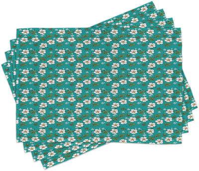 ABAKUHAUS Bloemen-placematten, blad- en bloemmotief, tafeldecoratie van kleurvaste stof voor eetkamer en keuken, donker Seafoam-multicolor