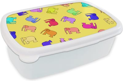 Broodtrommel Wit - Lunchbox - Brooddoos - Olifant - Geel - Patronen - 18x12x6 cm - Volwassenen