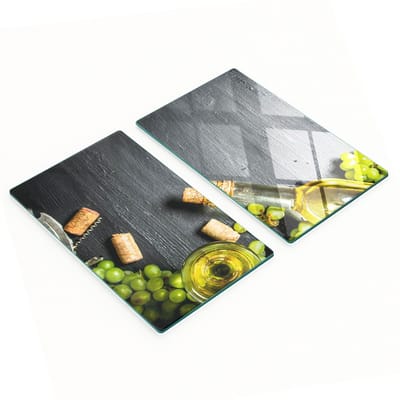 Set van twee glazen snijplanken voor in de keuken, met thema's witte wijn en fruit, 2x30x52 cm
