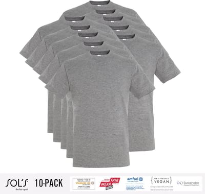10 Pack Sol's Heren T-Shirt 100% biologisch katoen Ronde hals grijs Maat S