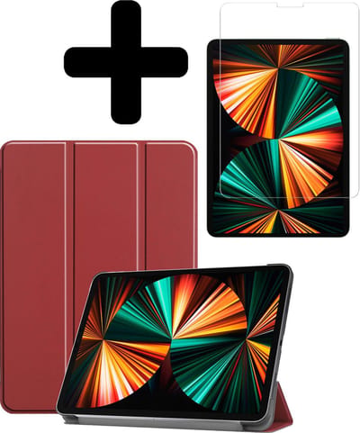 Hoes - Geschikt voor Apple iPad Pro (2021) - 11 inch - 3e generatie - Met Screenprotector - Trifold Bookcase - Hard Cover - Hardcover Book Case - Tablet Hoesje - Donkerrood
