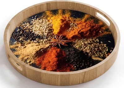 Dienblad rond 40x40 cm - Schootdienblad hout - Specerijen - Explosie - Oranje - Borrelplank rechthoek - Plateau houten dienbladen