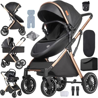 Deluxe 3-in-1 Kinderwagen – Volledig Reissysteem met Wieg & Autostoel – Veilig en Comfortabel - Zwartgoud