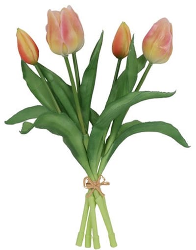Kunstboeket Tulpen - Kunstbloem Zalm en Geel - 5 Stuks - 3D Geprint