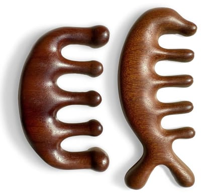 Gua Sha Massagekam - Set van 2 - Sandelhout - Hoofdhuid Massage & Haargroei Stimulatie - Acupressuur Tool - Bruin