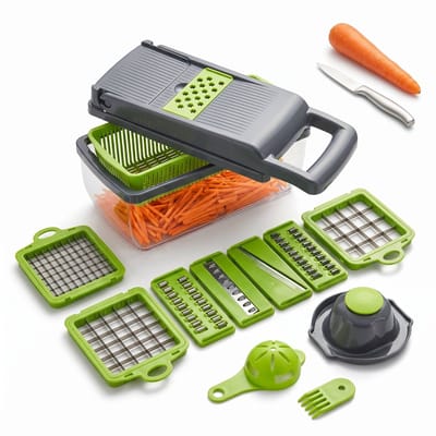 Cheqo® Groentesnijder Multifunctioneel met Opvangbak - Mandoline Keukensnijder - Uiensnijder - Blokjessnijder - Julienne Snijder - Groentehakker - Rasp - Groenteschaaf - Verwisselbare Messen - Fruit Snijder - Aardappelsnijder - BPA-vrij