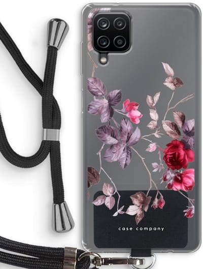 Case Company® - Hoesje met koord geschikt voor Samsung Galaxy A12 hoesje met Koord - Mooie bloemen - Telefoonhoesje met Zwart Koord - Bescherming aan alle Kanten en Over de Schermrand