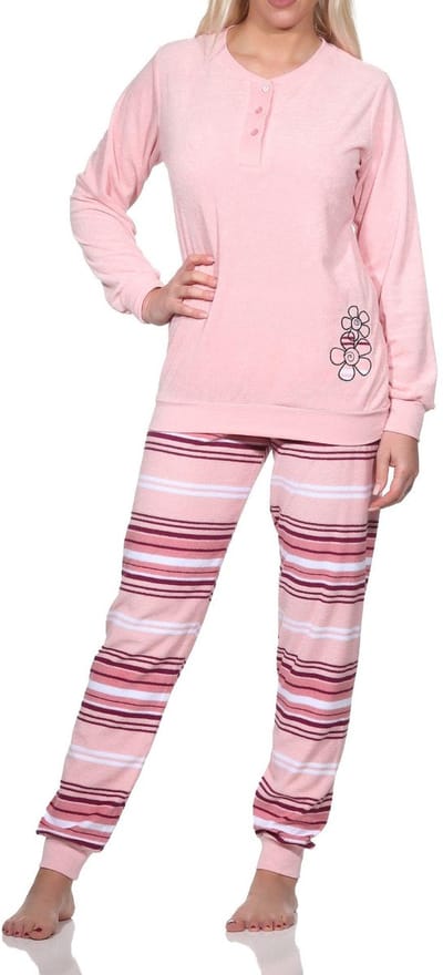 Dames badstof pyjama lange mouw met manchetten - broek gestreept - ook in overmaten
