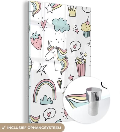 MuchoWow® Glasschilderij 120x180 cm - Schilderij acrylglas - Patronen - Eenhoorn - Kinderen - Meisjes - Regenboog - Pastel - Foto op glas - Schilderijen