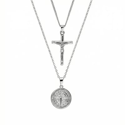Thomasiny Kruis & Kompas Cadeauset – 2-delige Heren Ketting Set – Kruishanger & Kompashanger – RVS Rhodium – Luxe Geschenkverpakking