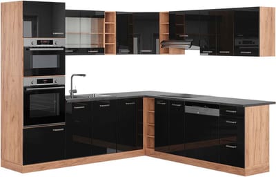 Vicco Hoekkeuken R-Line, Zwart hoogglans/Goudkleurig Eiken, 247 x 237 cm, WB Antraciet