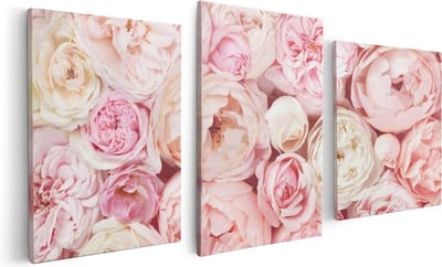 Artaza Canvas Schilderij Drieluik Witte Roze Rozen Boeket - Bloemen - 120x60 cm - Wanddecoratie Woonkamer - Schilderijen - Muurdecoratie