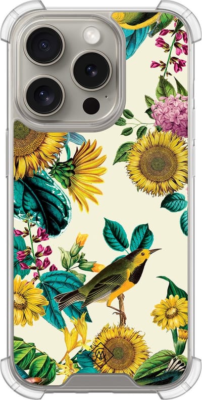 Casimoda® hoesje - Geschikt voor iPhone 15 Pro - Zonnebloemen / Bloemen - Shockproof case - Extra sterk - TPU/acryl - Geel, Transparant