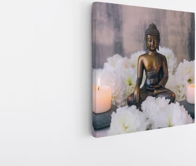 Saammp Canvas Schilderij - Boeddha bij kaarsjes - 20x20 - Foto op canvas - Wanddecoratie - Muurdecoratie Woonkamer - Canvas schilderijen