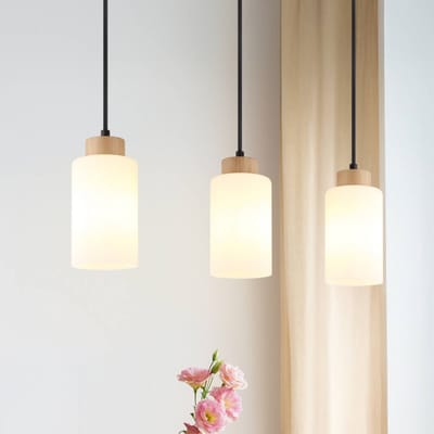 Globo Hanglamp Rowena, licht hout/wit, glas, 3-lamps, E27