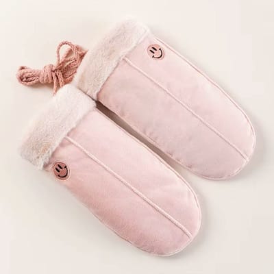 Pastelroze wanten suede smiley tiener - lichtroze - maat 5/6 - wanten voor kind/tiener - 8 tot 11 jaar - suède look met faux fur boord - STUDIO Ivana