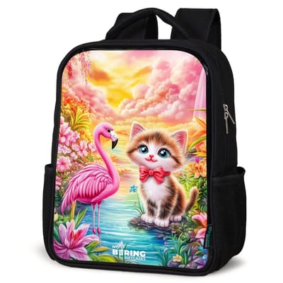 NoBoringSuitcases.com® - Rugzak zwart - Schooltas jongen & meisje - Kitten met flamingo in tropisch bloemenparadijs - Rugtas voor school - Boekentas kind - Schoolrugzak - Kinderrugzak
