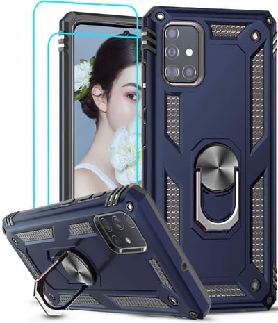 Hoesje Geschikt Voor Samsung Galaxy A51 Armor Ring hoesje & 2x Glazen tempered - Donker Blauw