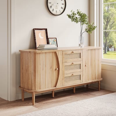 Sideboard - Rattan - Commode met Schuifdeuren - Verstelbare Planken en Afronding - Stijlvol en Functioneel