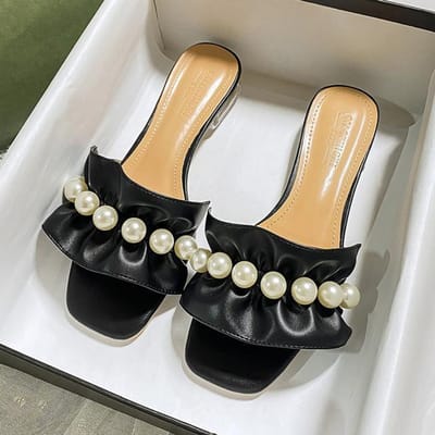 Nieuwe Damessandalen met Lage Hak voor Zomermode Merkdesigns Zwarte Schoenen Vierkante Neus Parel Vrije Tijd Slippers 37 zwart