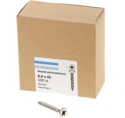 Hoenderdaal Spaanplaatschroef RVS platverzonken kop PZ3 voldraad 6.0X45 (per 100 stuks)