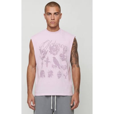 Gewassen Roze Oversized Tanktop Met Tonale Gothic Print | Washed Pink | Size Medium