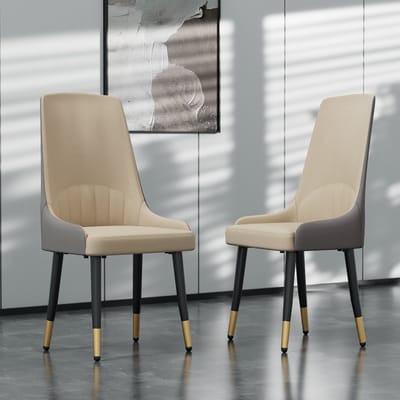 FATIVO Eetkamerstoelen Set van 2 – Microfiber Leer – Met Hoge Rug – Zwarte Metalen Poten – Modern – Lichtkaki& grijs – Draagvermogen 150 kg