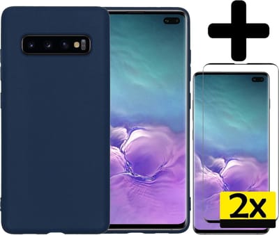 Hoesje - Met 2x Screenprotector - Geschikt voor Samsung Galaxy S10 - Sterk & Shockproof - Back Cover - Siliconen Case - Telefoon Hoes - Telefoonhoesjes - Donkerblauw