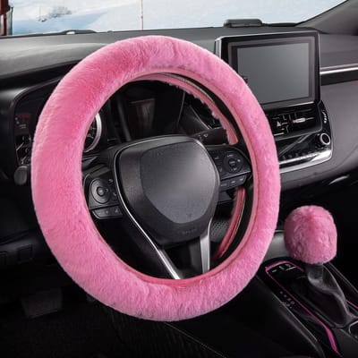 Famanu – Pluizige stuurhoes voor auto, set van 2, antislip en warme versnellingspookhoes, universele maat van 37-39 cm, roze