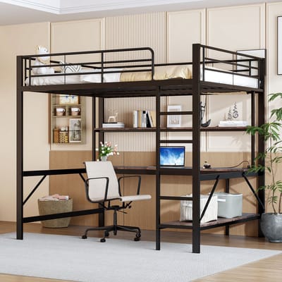 HAUSS SPOLE Hoogslaper 140x200 - Kinderhoogslaper Met Bureau & LED-Verlichting - Metaal - Zwart