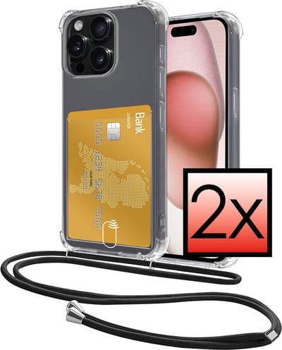 Hoes Geschikt voor Apple iPhone 15 Pro Hoesje Pasjeshouder Cover Met Koord Shock Proof Case Siliconen Hoes Met Telefoonkoord en Kaarthouder - Transparant - 2 PACK