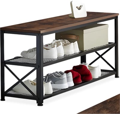 tectake® Smal schoenenrek met zitje - 3 niveaus van 1 zitje en 2 roosterplanken - Schoenenbank van hout en metaal - Industrieel design - Zwart metalen frame - Afmeting (LxBxH) 101 x 30,5 x 45,5 cm - Donkerbruin