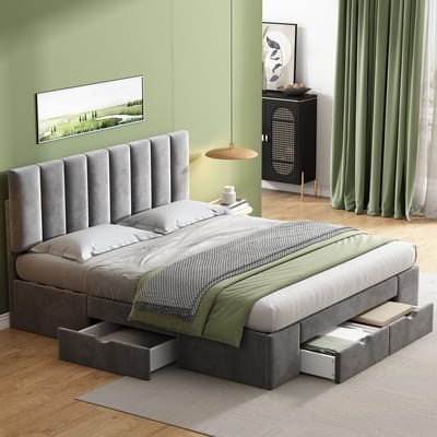 MEUNIQ gestoffeerd bed 160 x 200 cm met lattenbodem, verstelbaar hoofdbord, 4 lades en opbergruimte onder bed, tweepersoons bed voor slaapkamer, grijs